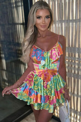 Robe d'été courte en satin soyeux à volants et col en V - Motif floral